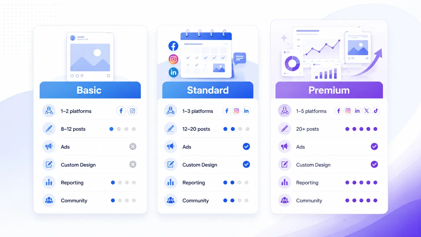 Basic standard and premium social media marketing packages comparison