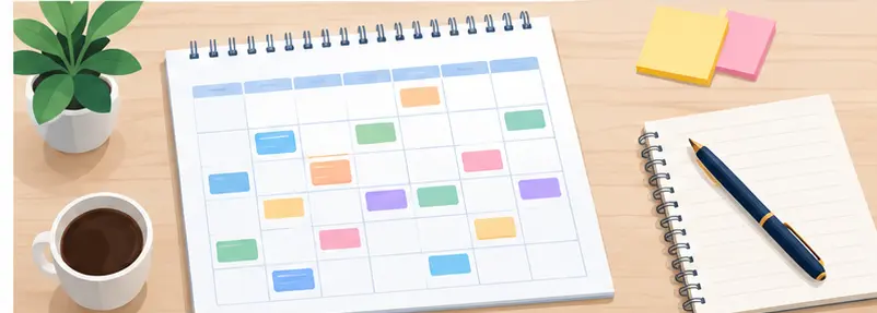 Monthly content calendar template with color-coded content blocks