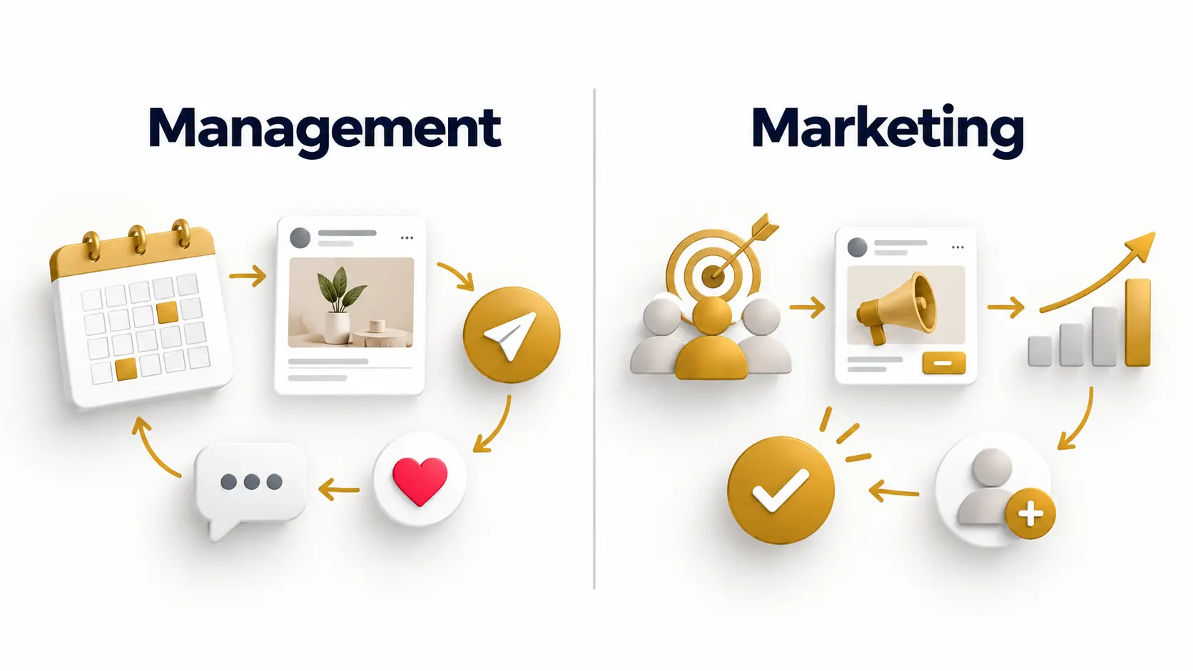 Visual difference between social media management and marketing