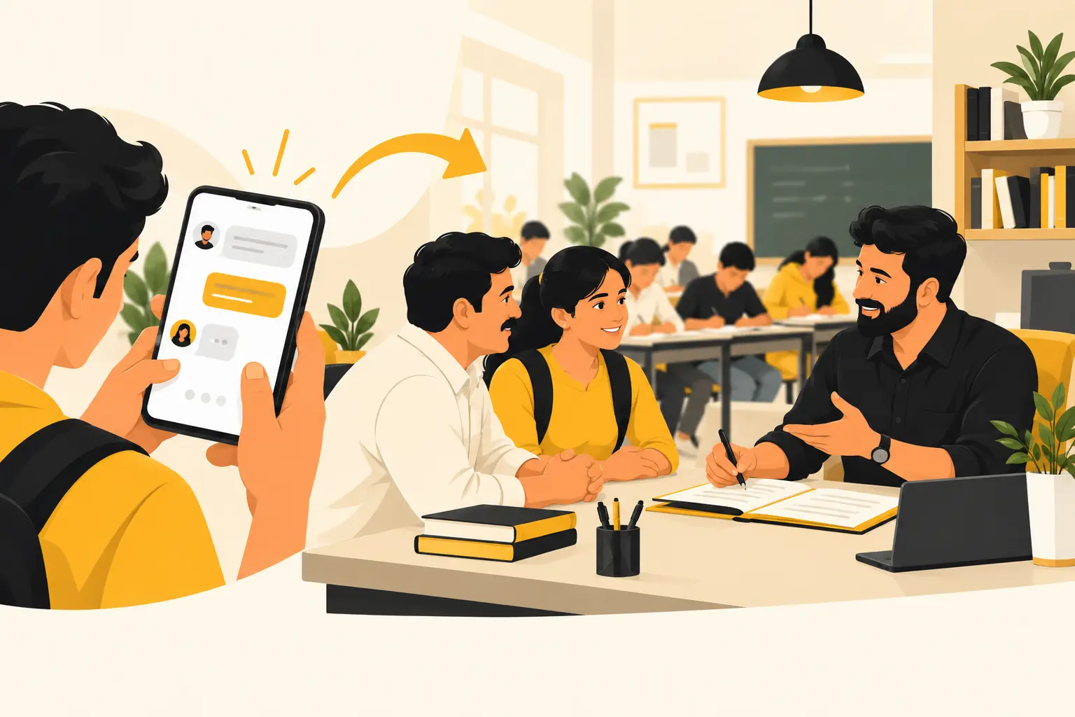 Illustration of a coaching institute owner discussing admission with a parent and student