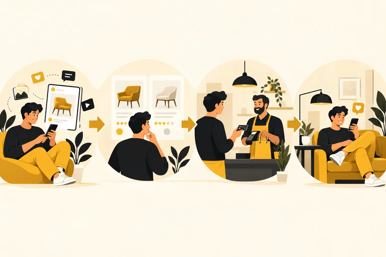 Illustration of customers discovering a business, comparing options, making a purchase and returning