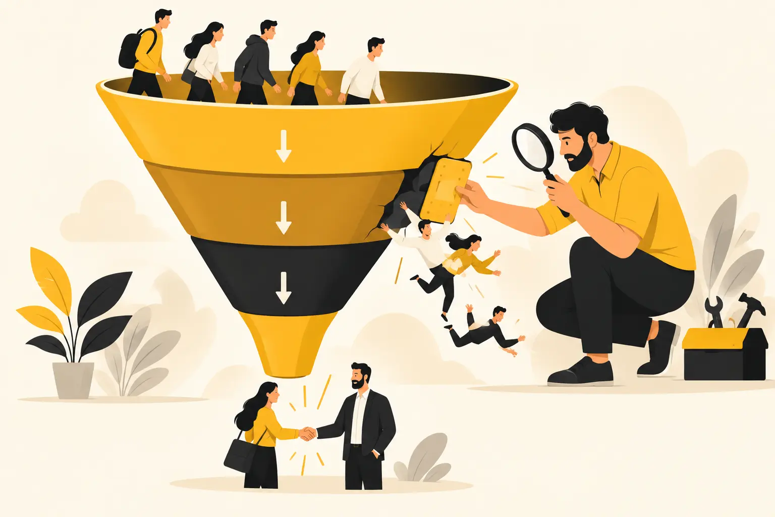 Illustration of a business owner inspecting and repairing a leak in a marketing funnel