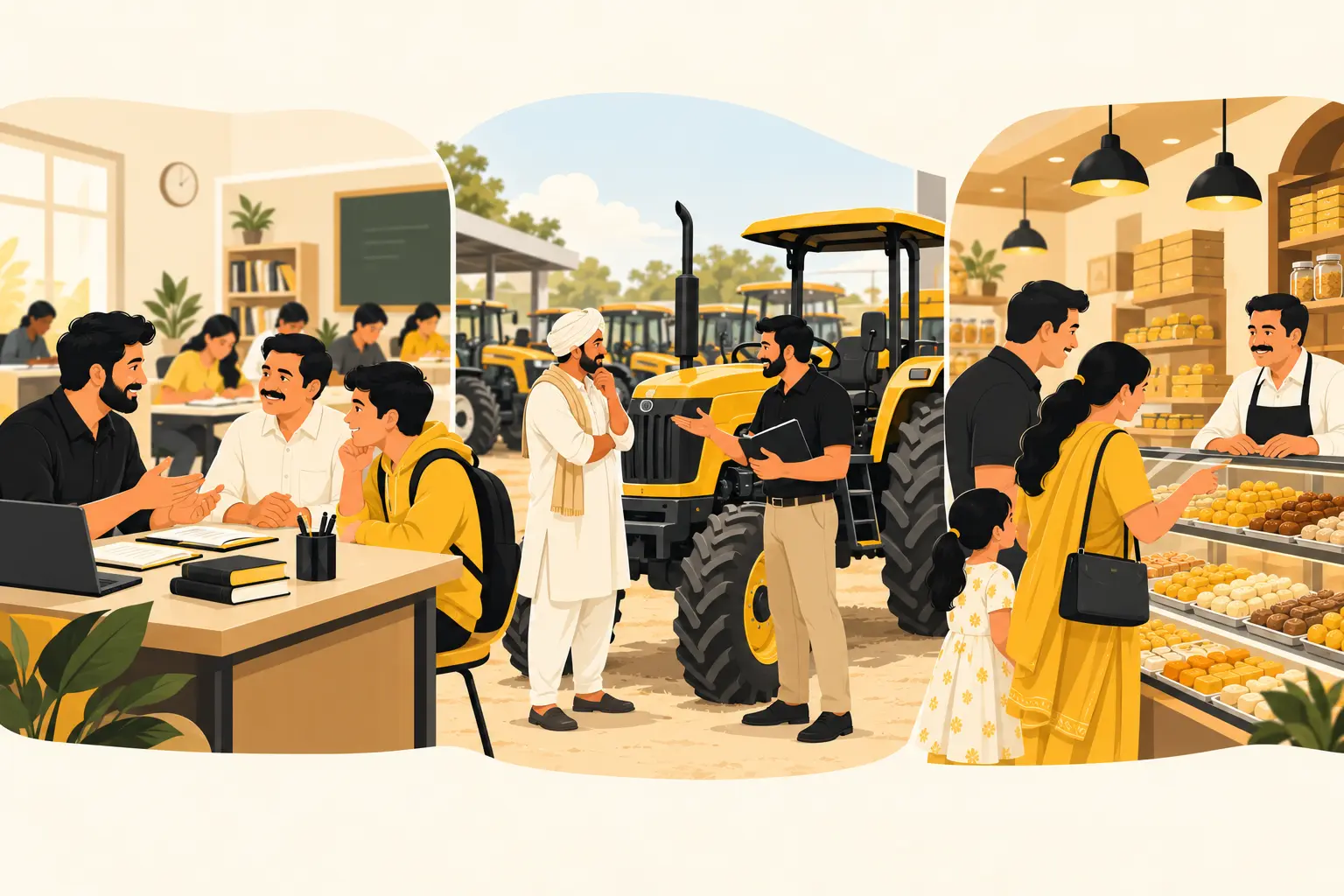 Illustration of a coaching institute, tractor dealership and sweet shop serving customers
