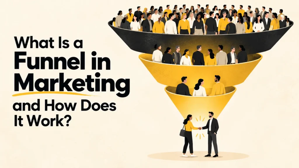 Illustration of a marketing funnel narrowing from a crowd of people to a customer completing a handshake with a business owner