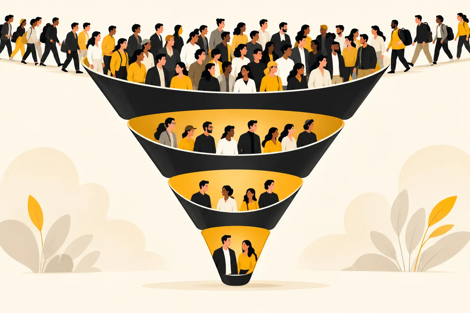 Illustration showing a large crowd narrowing through a funnel into a small group of potential customers